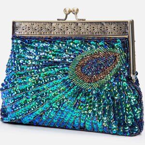 Beaded Sequin Peacock Clutch + Crossbody Purse, Evening Bag
